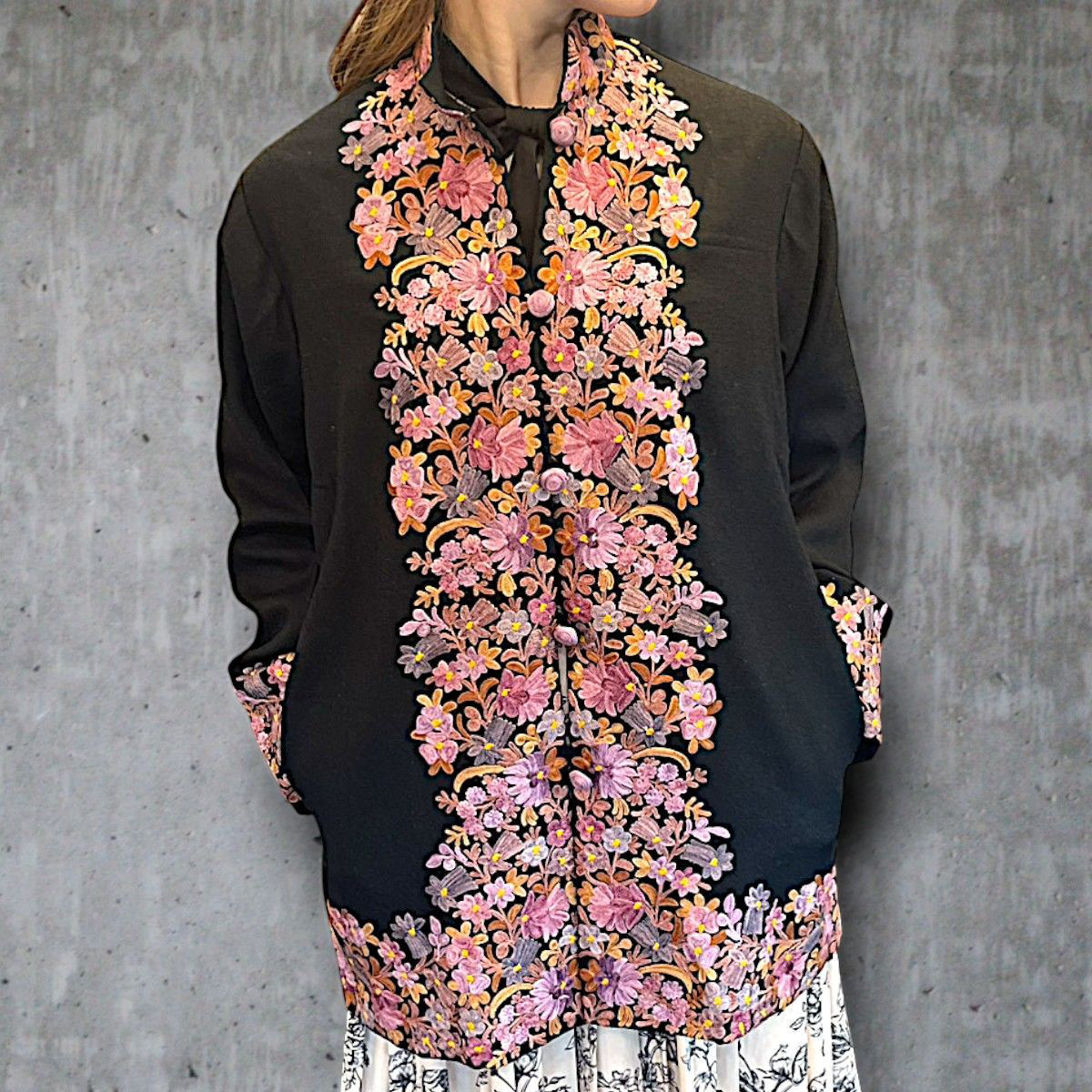 ブラウス カシミール シルク刺繍 高級 トップス メリノウール ジャケット 一点物 ハンドメイド 保温性 カシミヤ