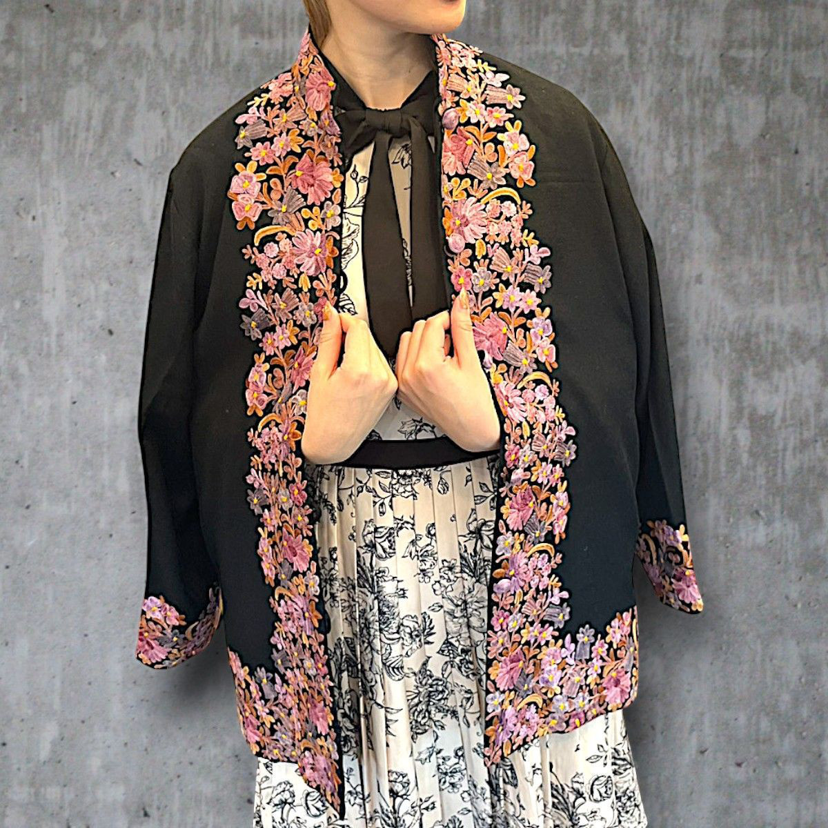 ブラウス カシミール シルク刺繍 高級 トップス メリノウール ジャケット 一点物 ハンドメイド 保温性 カシミヤ