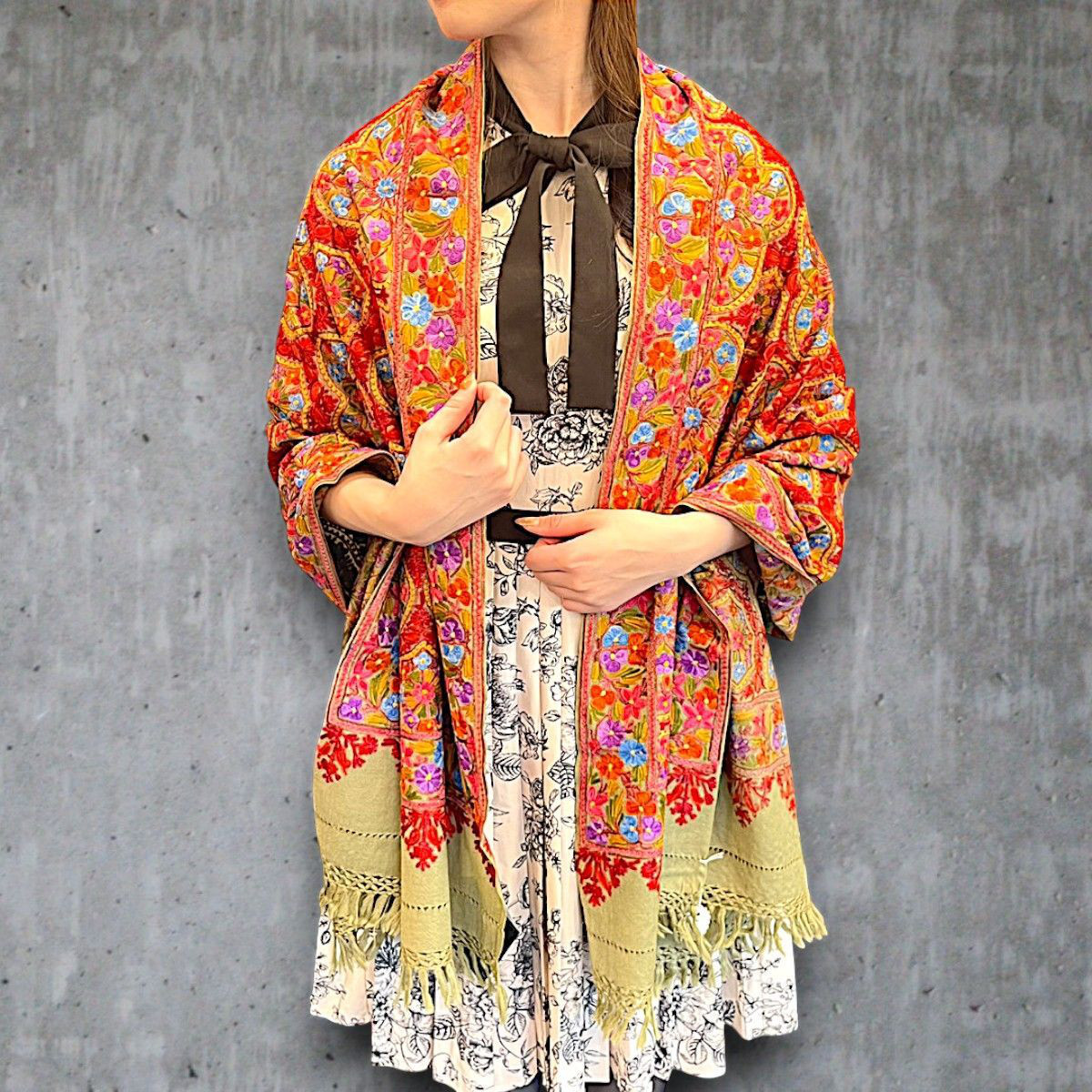 ショール ストール シルク 大判 パシュミナ 小花柄 タペストリー 一点物 ハンドメイド  カシミール  最高級カシミア