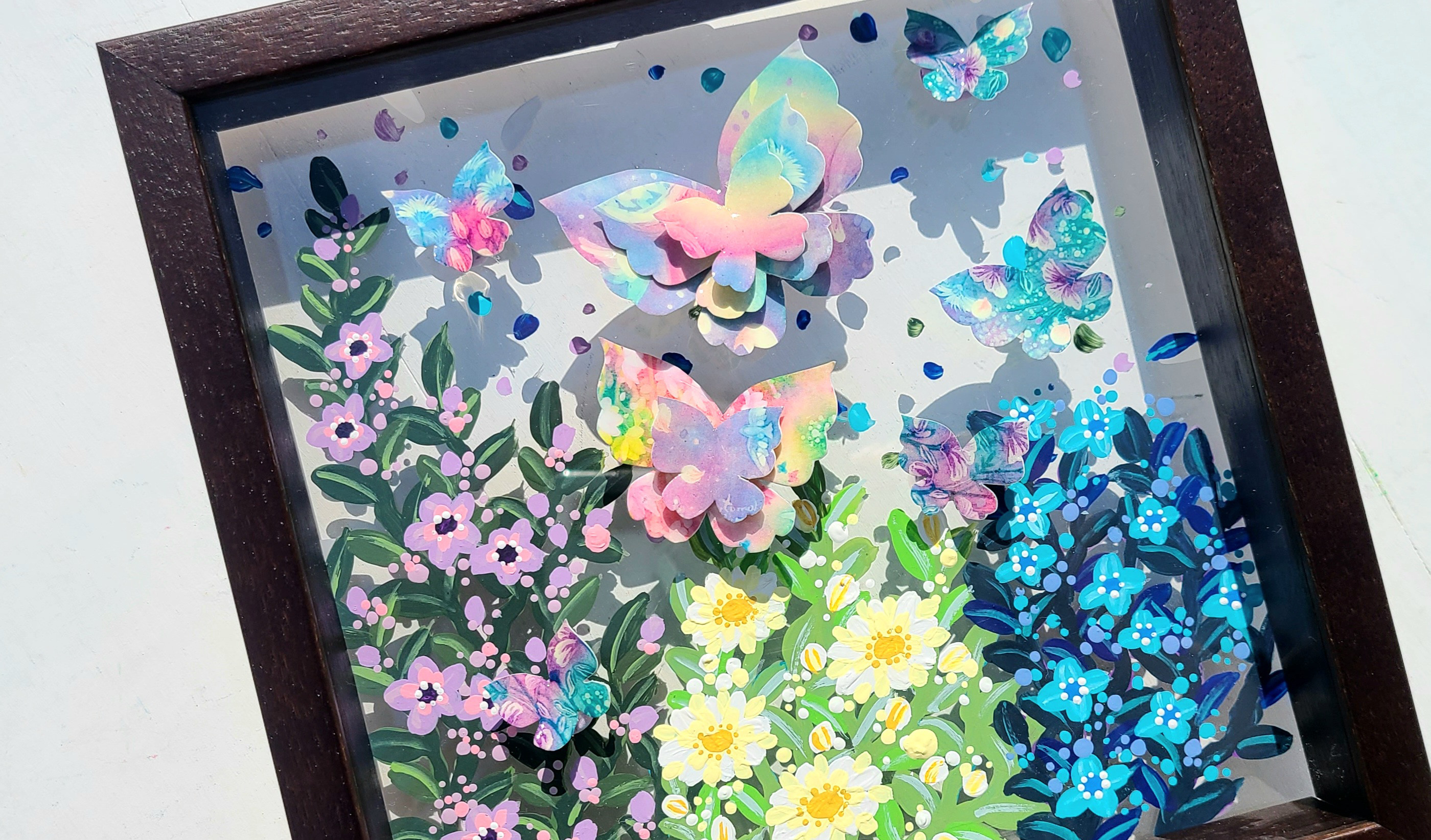 【受注生産/透明アート原画】花庭散歩~ブラウン×蝶々~　クリアBOX　22cm