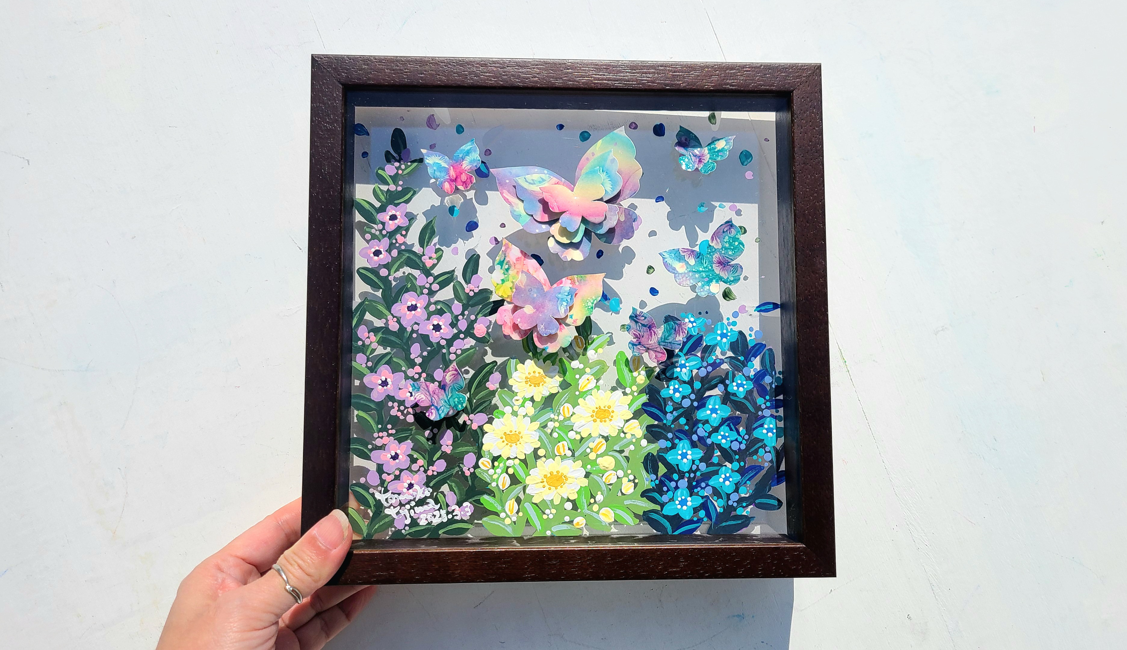 【受注生産/透明アート原画】花庭散歩~ブラウン×蝶々~　クリアBOX　22cm