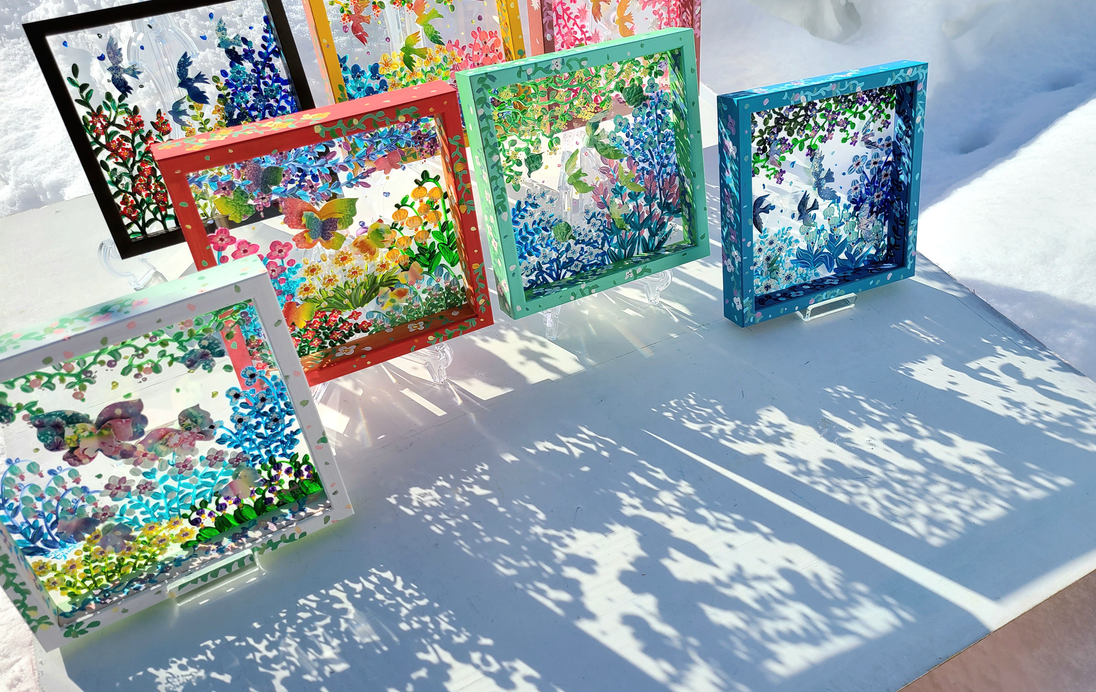 【受注生産/透明アート原画】花庭散歩~ブラウン×蝶々~　クリアBOX　22cm