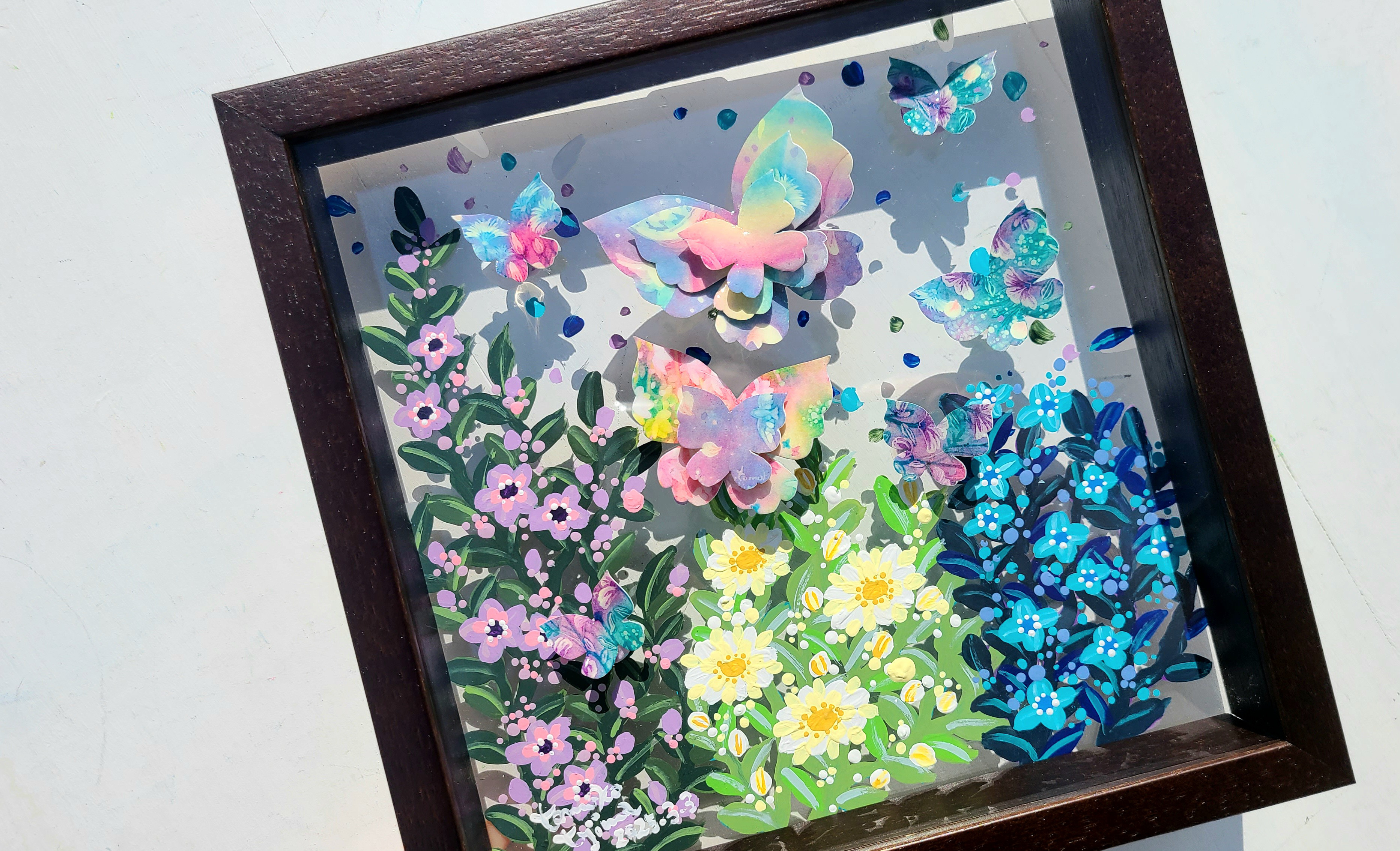 【受注生産/透明アート原画】花庭散歩~ブラウン×蝶々~　クリアBOX　22cm