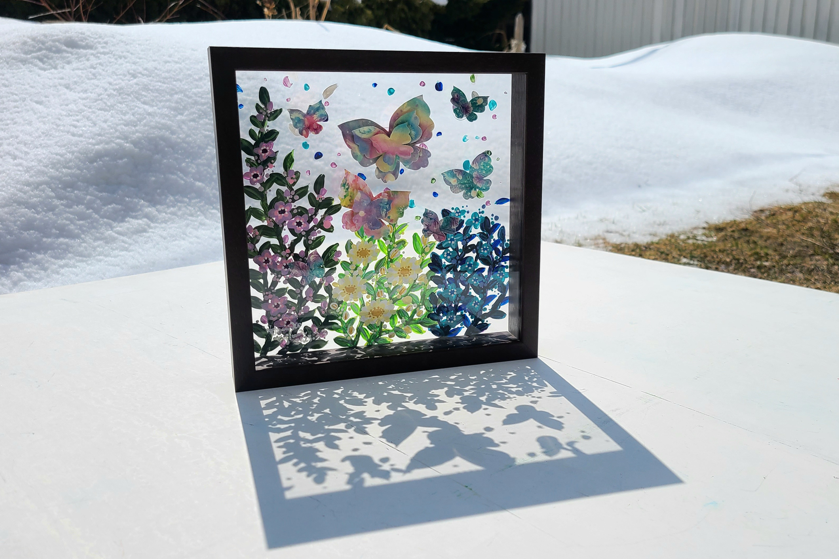 【受注生産/透明アート原画】花庭散歩~ブラウン×蝶々~　クリアBOX　22cm