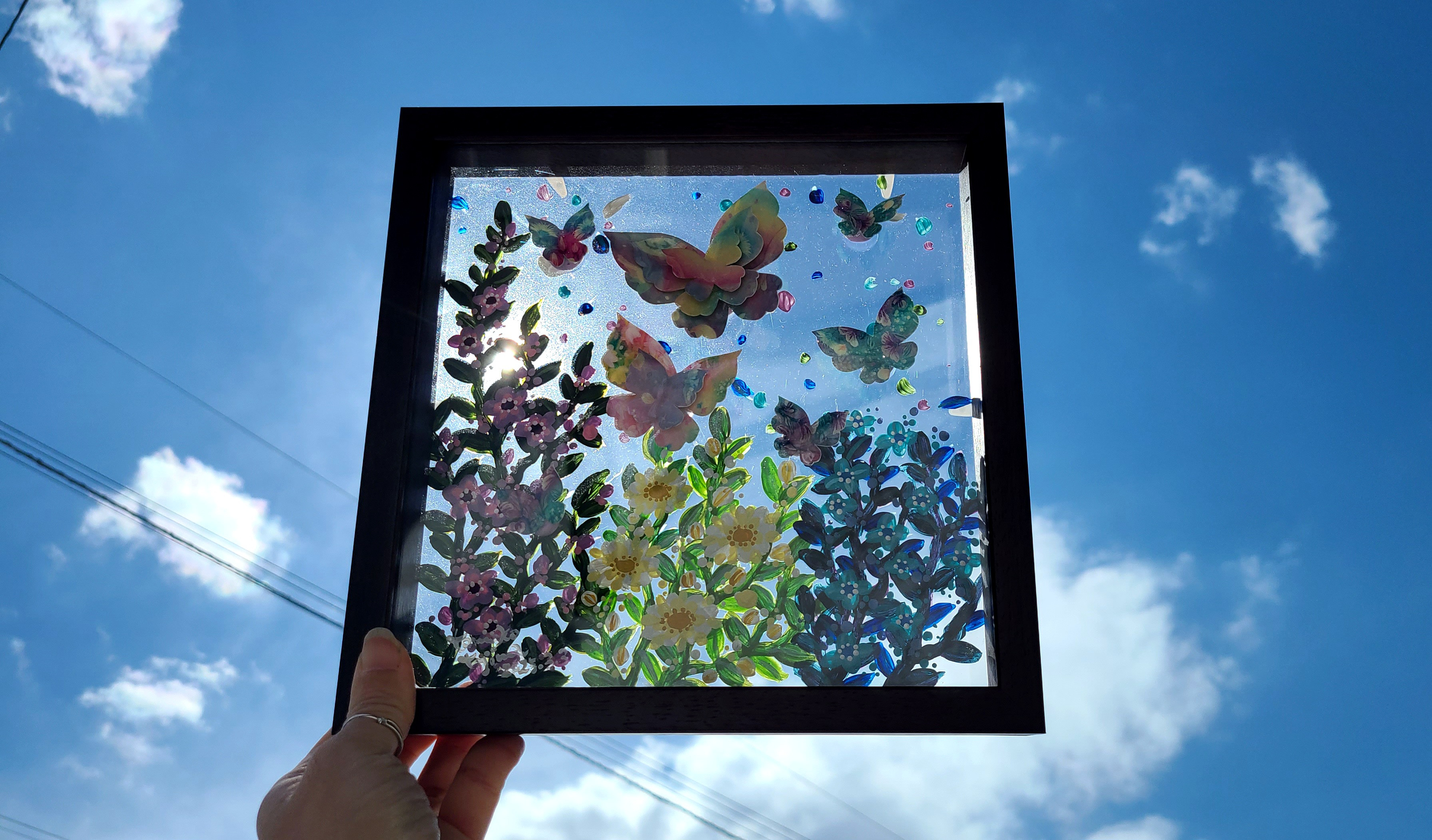 【受注生産/透明アート原画】花庭散歩~ブラウン×蝶々~　クリアBOX　22cm