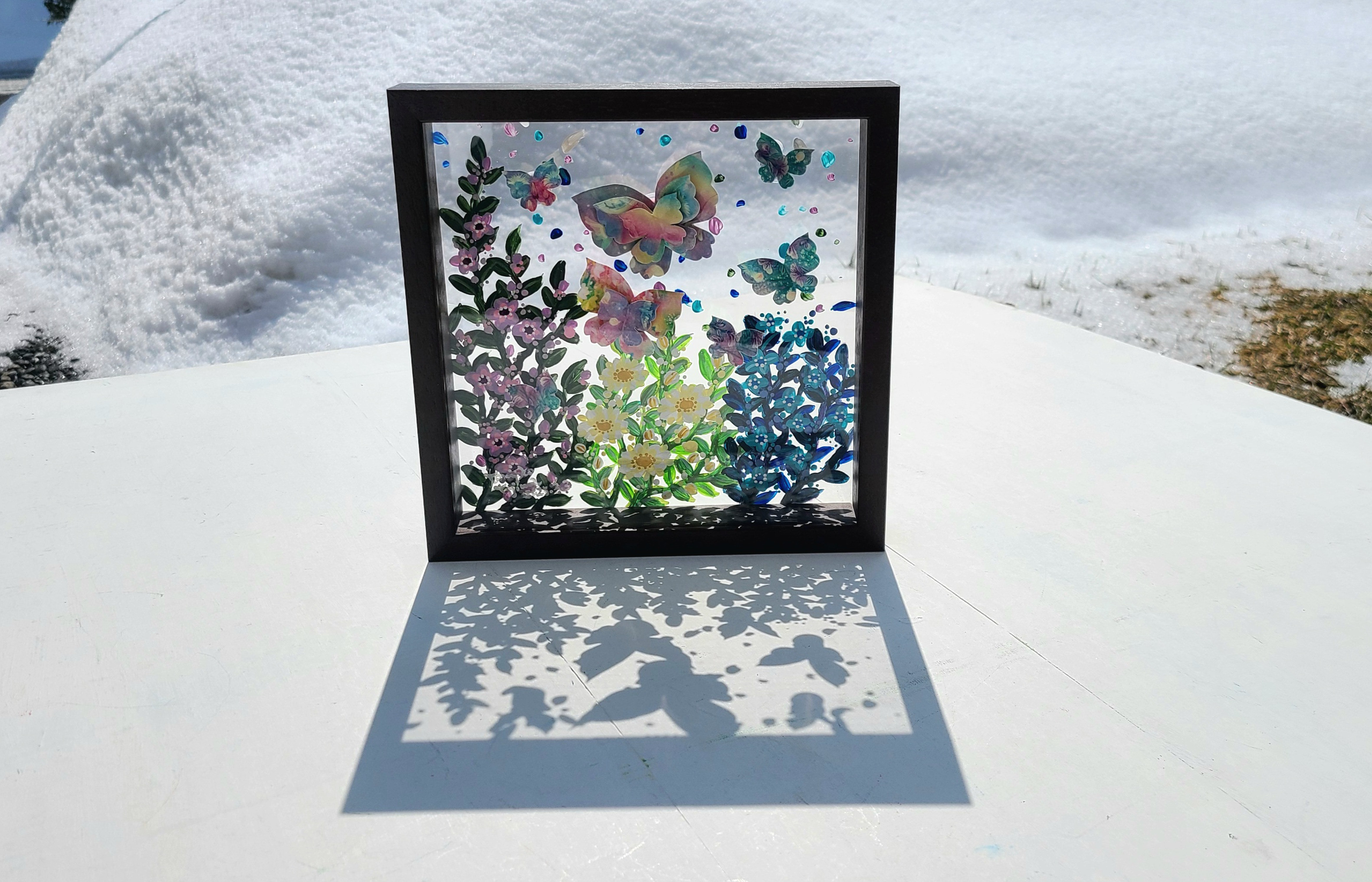 【受注生産/透明アート原画】花庭散歩~ブラウン×蝶々~　クリアBOX　22cm