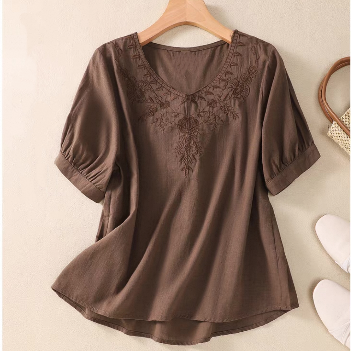 無地トップス、綿麻トップス、綿麻シャツ、無地シャツ、刺繍、日差し対策、母の日ギフト、夏、春、秋、