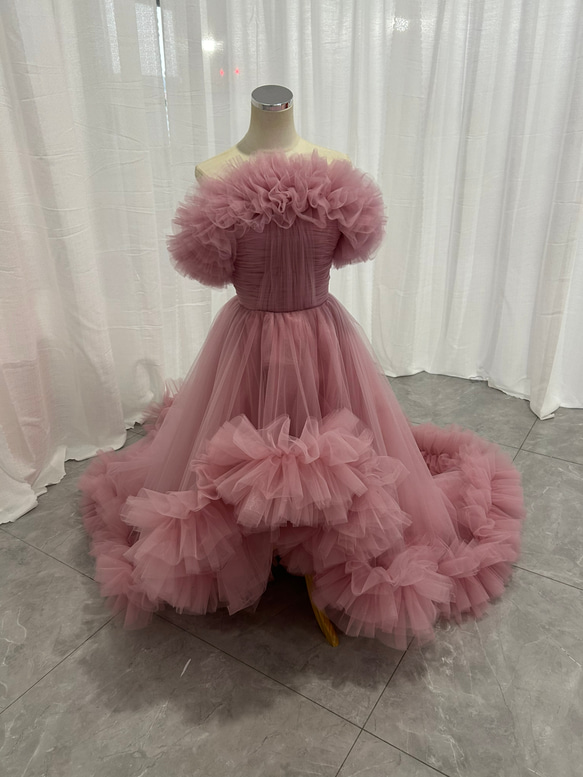 人気上昇！ピンク カラードレス オフショルダー ラッフルフリル ロング  