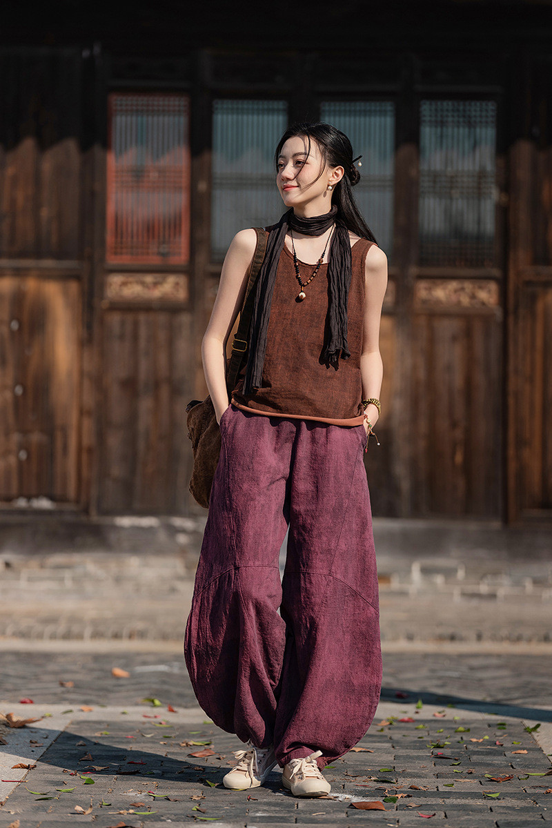 春夏新作 暈染ラミー麻綿ロングパンツ 砂洗苎麻ワイドパンツ #紫色
