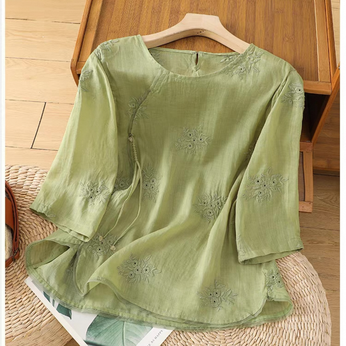 無地トップス、綿麻トップス、綿麻シャツ、無地シャツ、刺繍、日差し対策、母の日ギフト、夏、春、秋、