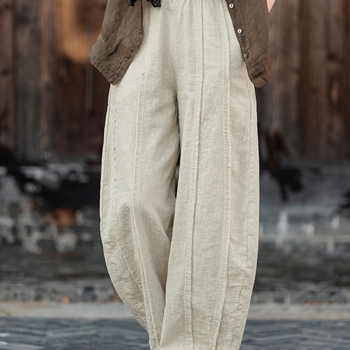 『新品』手織りヘンプ100% 大麻 生成りロングパンツ(Ｍ)A27 春夏新作 つぎてラミー麻綿ロングパンツ 砂洗苎麻ワイドパンツ #麻色