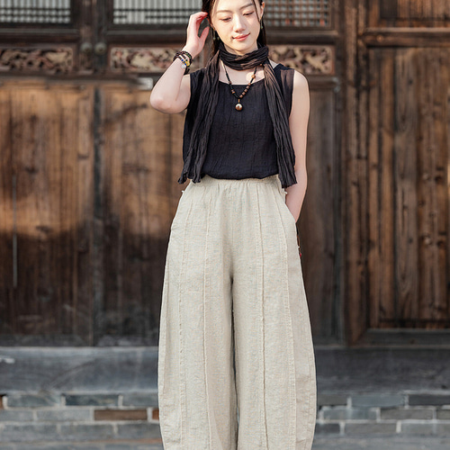 春夏新作 つぎてラミー麻綿ロングパンツ 砂洗苎麻ワイドパンツ #麻色