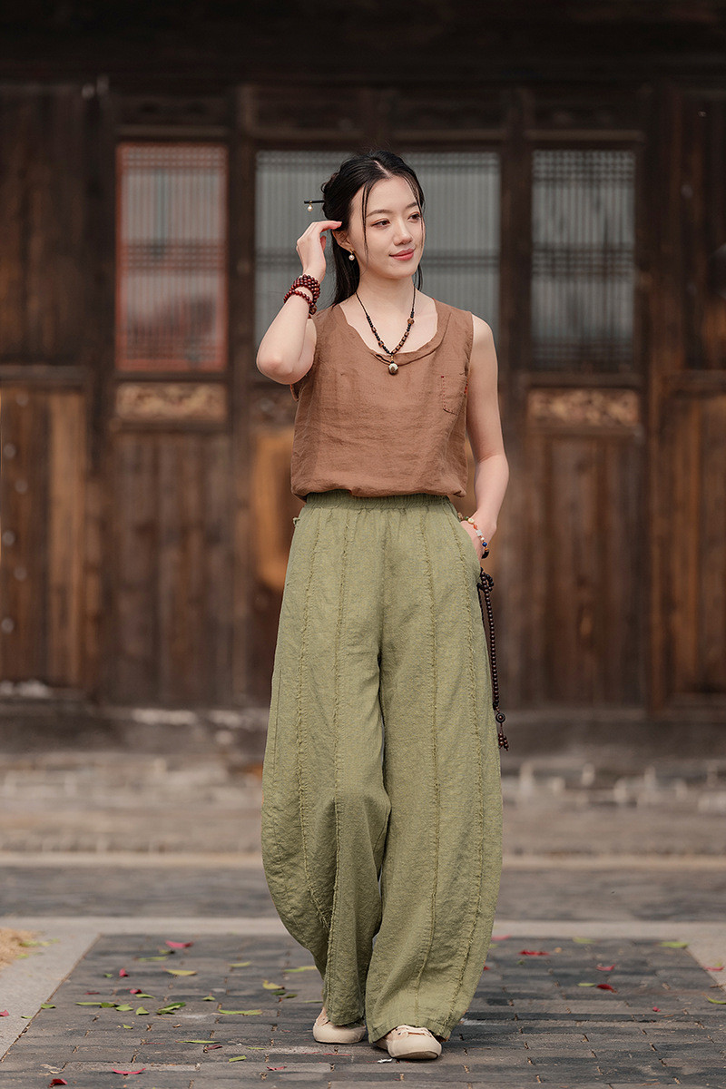 春夏新作 つぎてラミー麻綿ロングパンツ 砂洗苎麻ワイドパンツ #草黄色