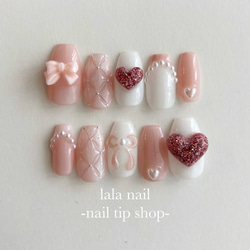 ネイルチップ リボンネイル ぷっくりハートネイル ネイルチップ（つけ