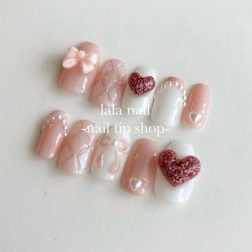 ネイルチップ リボンネイル ぷっくりハートネイル ネイルチップ（つけ