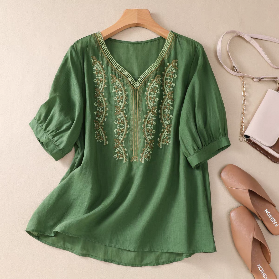 無地トップス、綿麻トップス、綿麻シャツ、無地シャツ、刺繍、日差し対策、母の日ギフト、夏、春、秋、