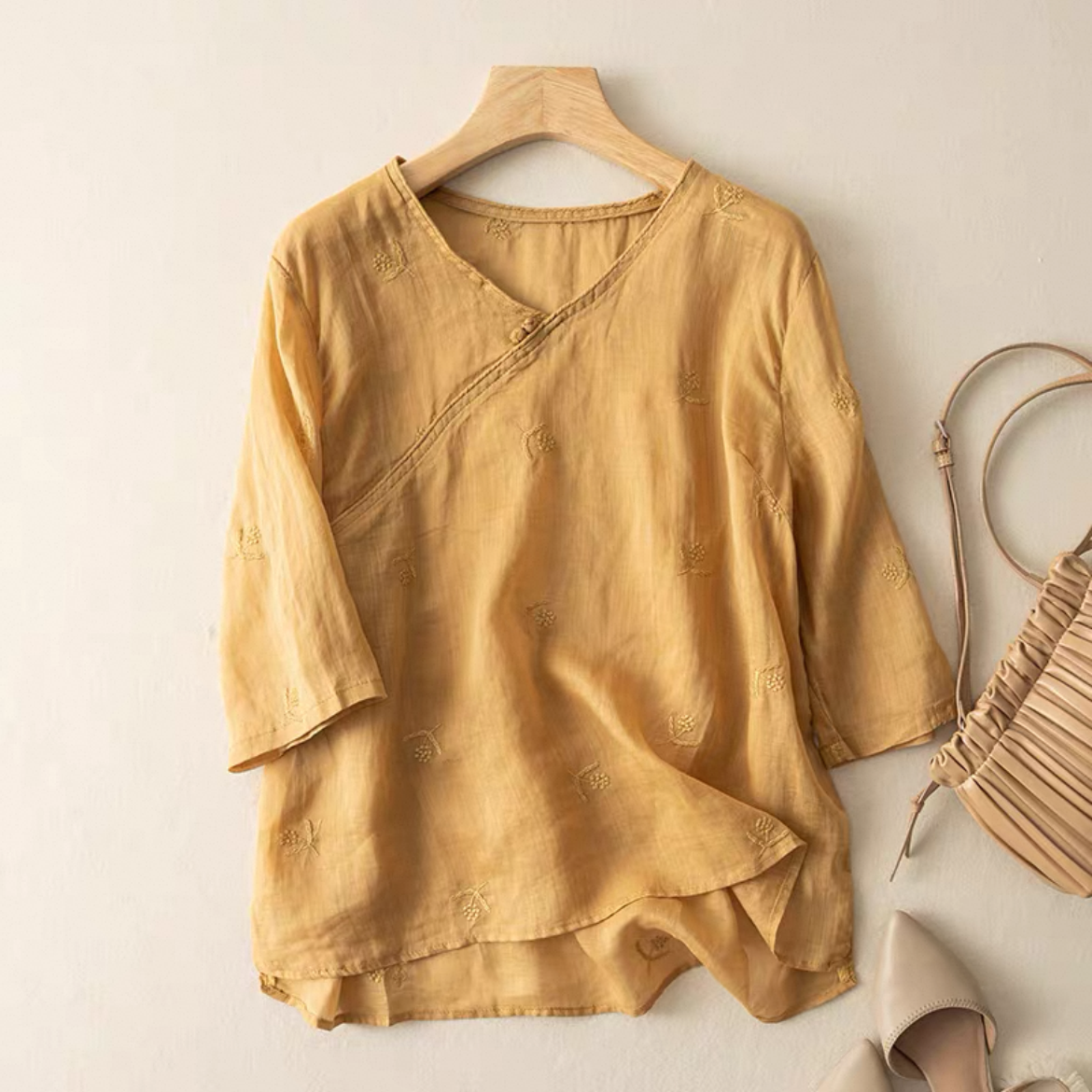 綿麻シャツ、無地シャツ、無地トップス、綿麻トップス、刺繍、日差し対策、母の日ギフト、夏、春、秋、