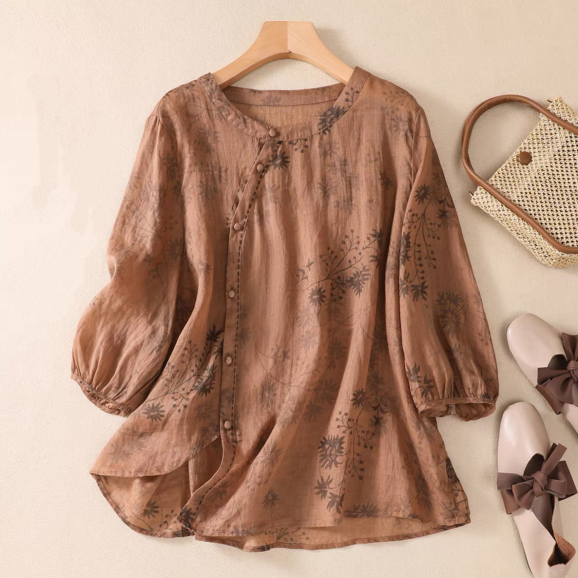 綿麻シャツ、無地シャツ、無地トップス、綿麻トップス、刺繍、日差し対策、母の日ギフト、夏、春、秋、