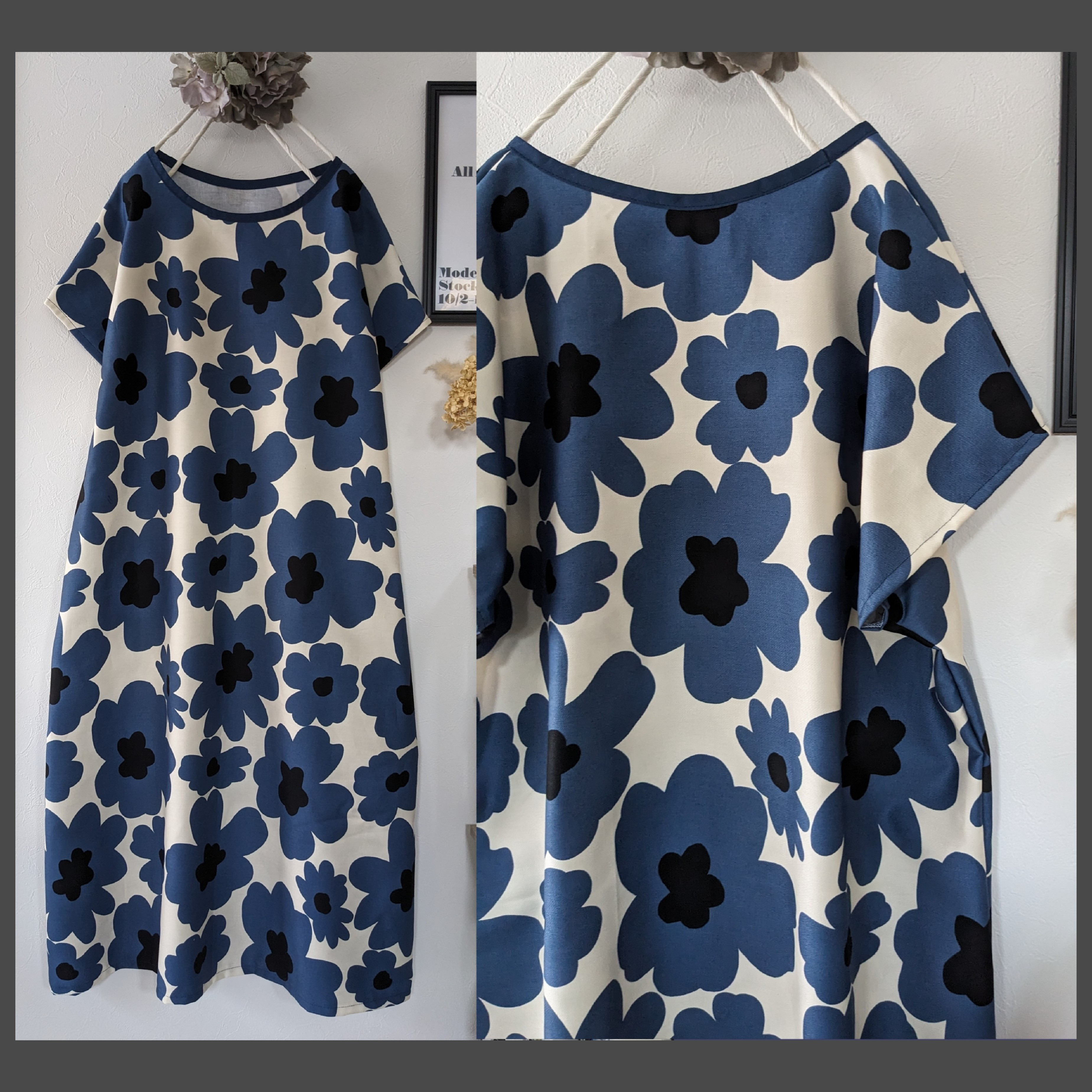 ♥北欧 ブルービッグフラワーワンピース♥半袖　袖変更可