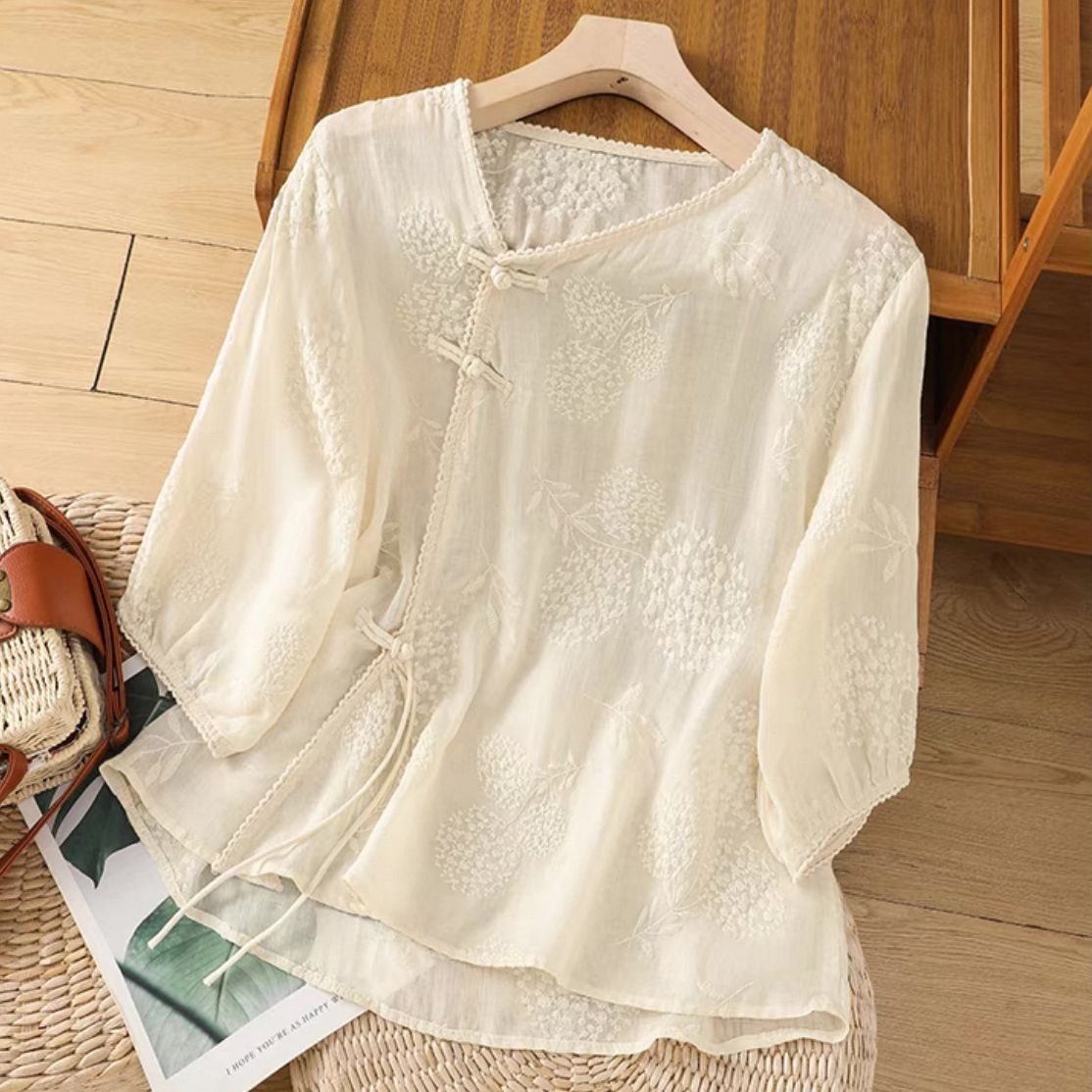 無地トップス、綿麻トップス、綿麻シャツ、無地シャツ、紫陽花、刺繍、日差し対策、母の日ギフト、夏、春、秋、