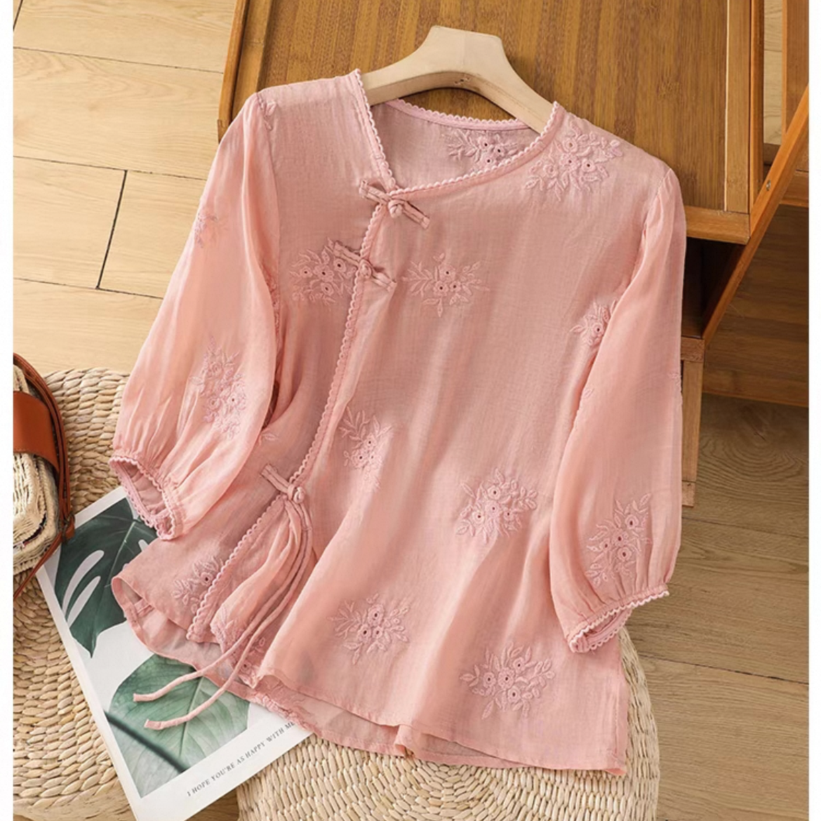 無地トップス、綿麻トップス、綿麻シャツ、無地シャツ、紫陽花、刺繍、日差し対策、母の日ギフト、夏、春、秋、