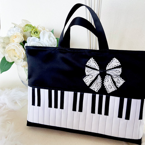 新作！レッスンバッグ*鍵盤*黒*ピアノ*音楽袋*横*男の子*女の子