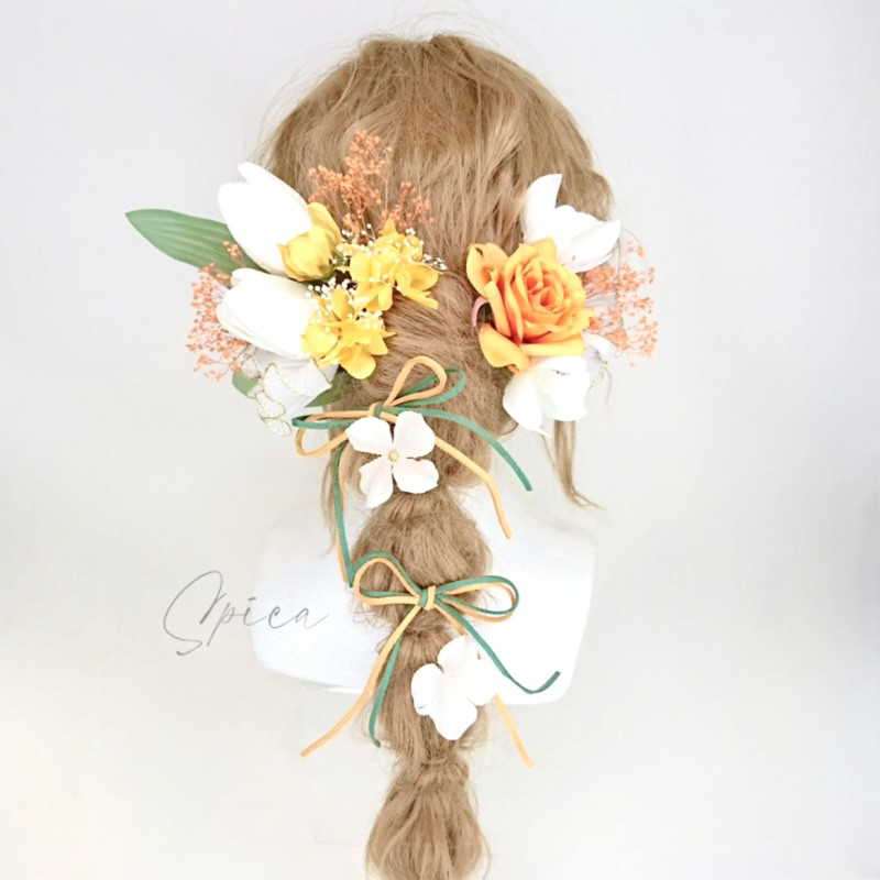 一点限定】ホワイトのチューリップとローズの髪飾り イエロー オレンジ 春 リボン 造花 ウェディング 成人式 かわいい