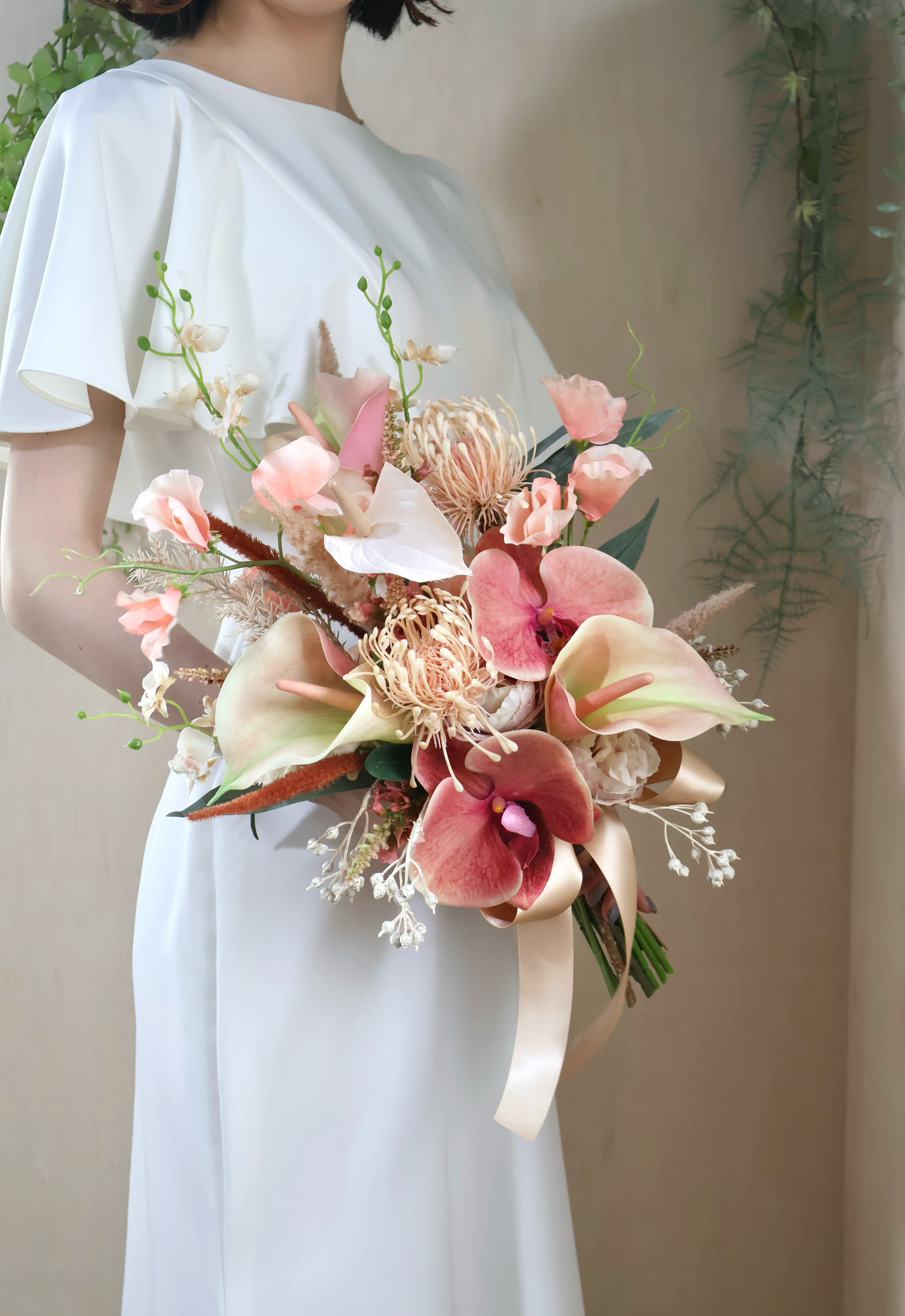 胡蝶蘭の華やかウエディングブーケ ブートニア付き 造花ブーケ アーティフィシャル 前撮り ドライフラワー風