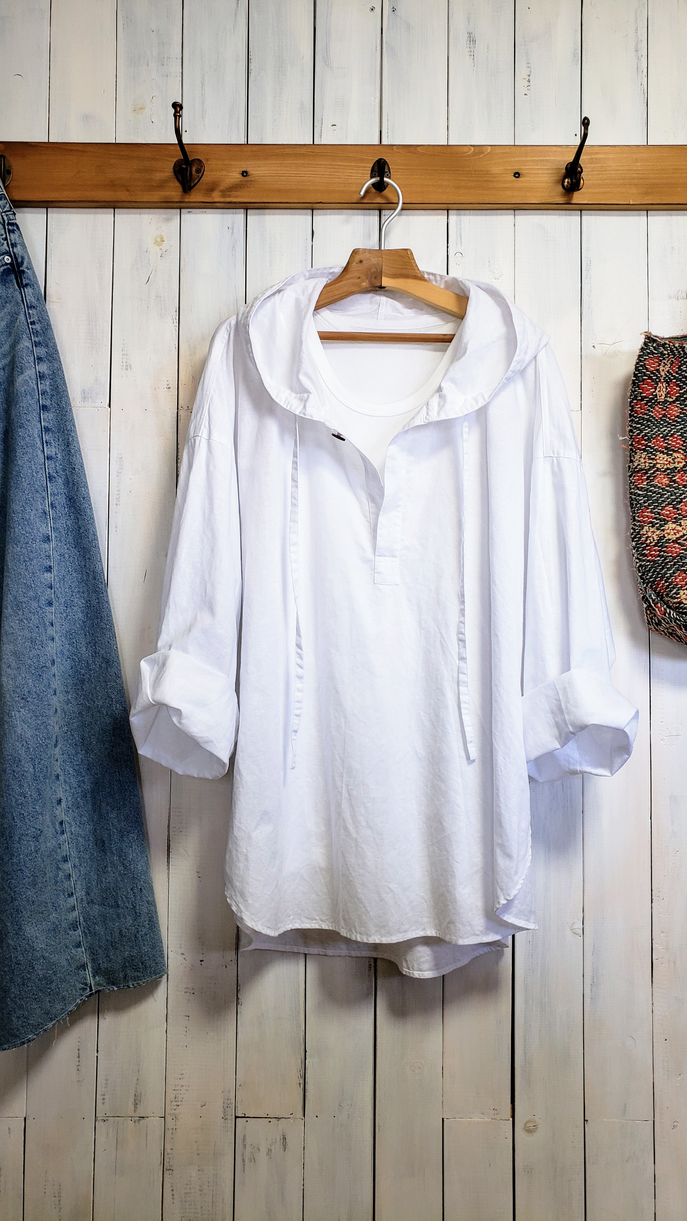 コットンリネン　白　フード付きプルオーバーシャツ S～6L