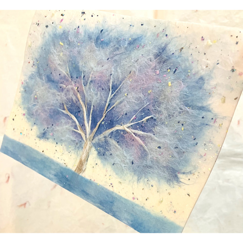 昭和レトロ ちぎり絵 風景画 森 樹木 額装 落款入り 原画 和紙 アート 原画マット紙付額付】和紙ちぎり絵「ふわふわの木（雨上がりの空