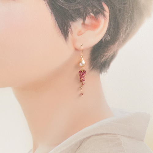 湖水真珠とピンクトルマリンのスイングピアス 14KGF ピアス（フック 