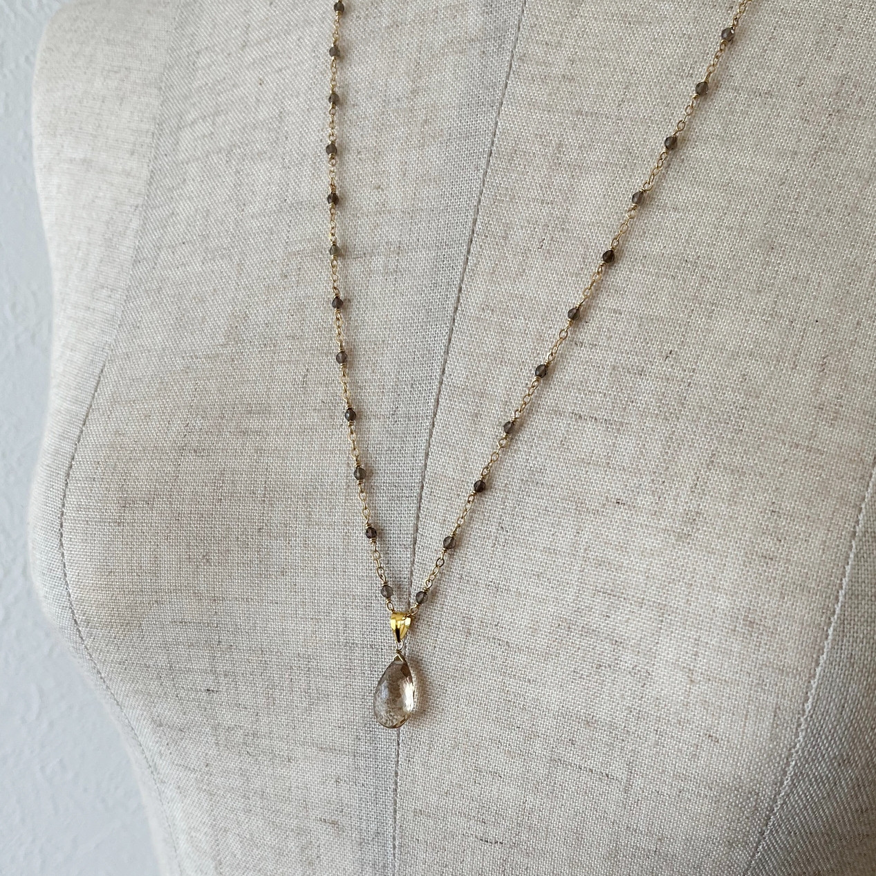 繊細なブラウンの輝き　スモーキークォーツチェーンネックレス＆シャンパンクォーツトップ　3ウェイセット【K14GF】