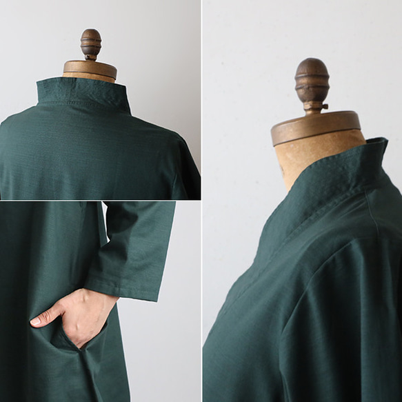 ⁑秋／最終ＳＡＬＥ　上質ギマ擬麻コットン　和装　重ね襟　Vネック シャツ チュニック ゆったり グリーン R43B 4枚目の画像