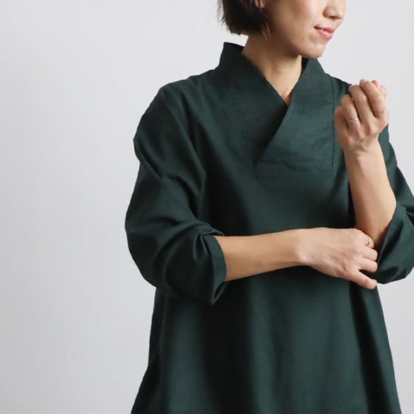 ⁑秋／最終ＳＡＬＥ　上質ギマ擬麻コットン　和装　重ね襟　Vネック シャツ チュニック ゆったり グリーン R43B 12枚目の画像