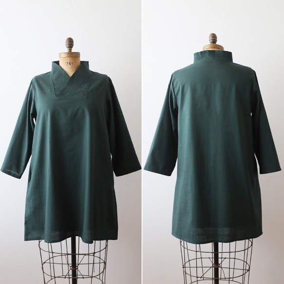 ⁑秋／最終ＳＡＬＥ　上質ギマ擬麻コットン　和装　重ね襟　Vネック シャツ チュニック ゆったり グリーン R43B 10枚目の画像