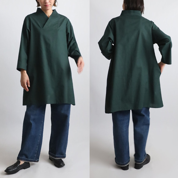 ⁑秋／最終ＳＡＬＥ　上質ギマ擬麻コットン　和装　重ね襟　Vネック シャツ チュニック ゆったり グリーン R43B 5枚目の画像