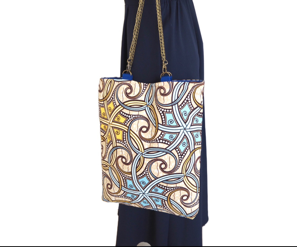 【一点物】輸入生地　アフリカ布x帆布チェーントートバッグ　個性的　マザーズバッグ　A4サイズ アフリカン柄　サブバッグ