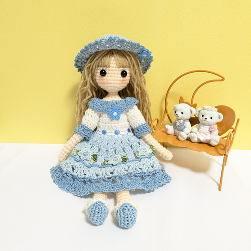 ✿ゆずぽん 着せ替えあみぐるみ女の子 ✿〈受注制作〉ブルードレスの女の子 着せ替えあみぐるみ