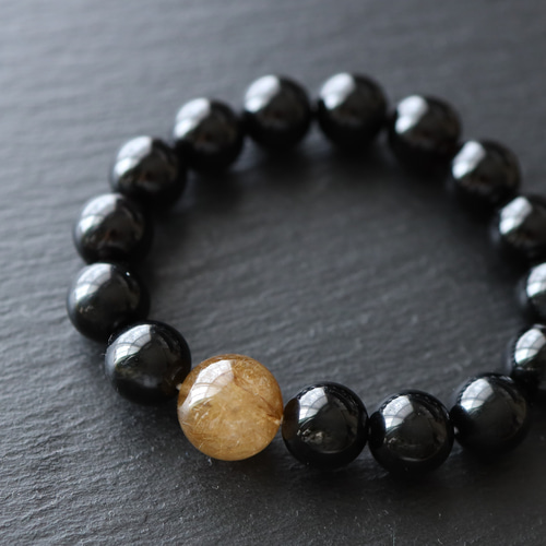 天然石ブレスレット ブラックトルマリンルチルキューブ&モリオン