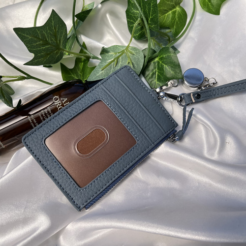 パスケース 社員証ケース ネックストラップ付き リール 本革 牛革 定期