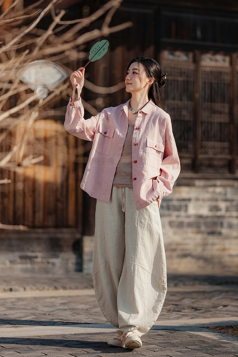 手作ラミー麻綿襟を開くシャツ 綿制ブラウス #ピンク色