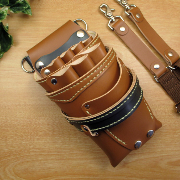 【特別価格】７丁　シザーケース　キャメル＆ダークグリーン SCA-254/CCA 本革 7丁差しシザーケース (キャメル×ダークグリーン) SCA-254