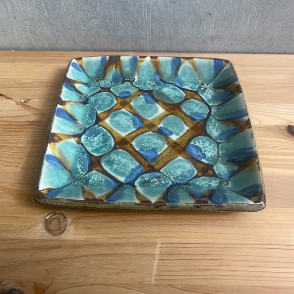 小代焼 三彩角皿 大 小代本谷ちひろ窯 格子 和食器 可愛い かわいい 陶器 食器 chihiro-021 1枚目の画像