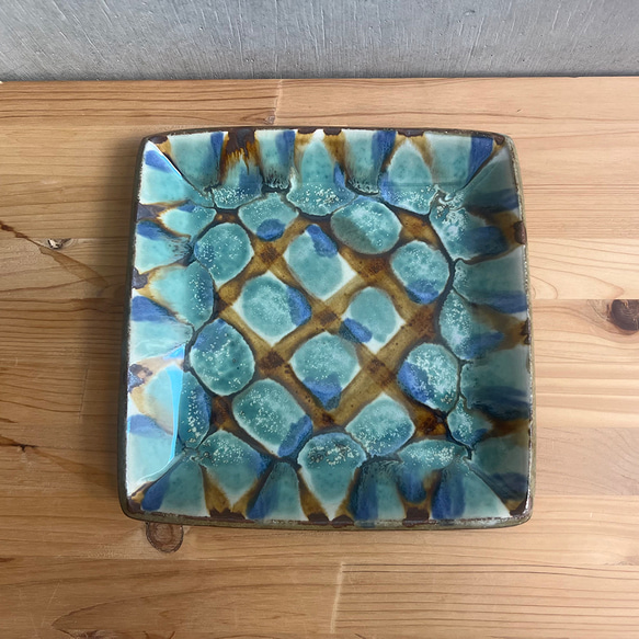 小代焼 三彩角皿 大 小代本谷ちひろ窯 格子 和食器 可愛い かわいい 陶器 食器 chihiro-021 2枚目の画像