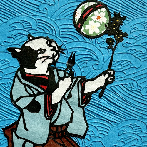 切り絵の一閑張り「猫」 切り絵 猫ちゃん（お花付） | Miyu工房 Cutting-paper