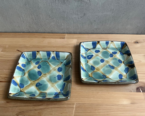 小代焼 三彩角皿 小 小代本谷ちひろ窯 格子 和食器 可愛い
