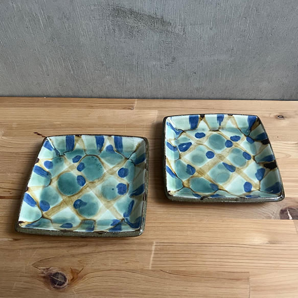 小代焼 三彩角皿 小 小代本谷ちひろ窯 格子 和食器 可愛い かわいい 陶器 食器 chihiro-025 1枚目の画像