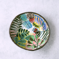 森の中の家と鳥（日本の里）・色絵四角皿 森の中の家と鳥（日本の里）・色絵四角皿