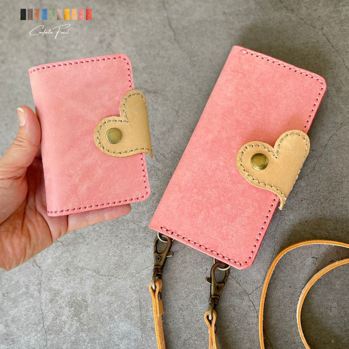 ◆ご自愛福袋2026◆9色◆ハート本革手帳型スマホショルダーとキーケースセット[多機種対応]iPhone17 シ