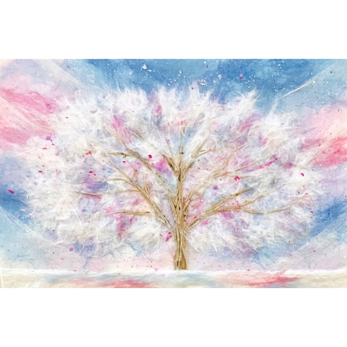 和紙ちぎり絵『ふわふわの木（ホワイトピンクブルー）』葉書サイズ原画